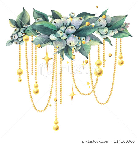 Golden beads hanging on snowberry branches with sparkling stars. New Year, Christmas watercolor illustration hand drawn. Composition, sublimation, arrangement isolated from background 124169366