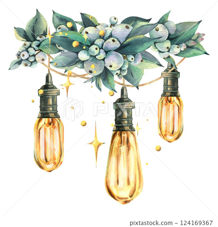 Retro Edison bulbs shine hanging on wires with snowberry and sparkling stars. New Year, Christmas watercolor illustration hand drawn. Composition, sublimation, arrangement isolated from background Retro Edison bulbs shine hanging on wires with snowberry and sparkling stars. New Year, Christmas watercolor illustration hand drawn. Composition, sublimation, arrangement isolated from background 124169367