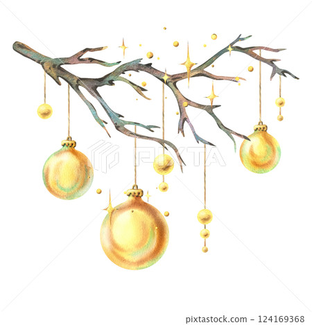 Golden glass Christmas tree balls hanging on a tree branch with twinkling stars. New Year, Christmas watercolor illustration, hand drawn. Composition, arrangement, sublimation isolated Golden glass Christmas tree balls hanging on a tree branch with twinkling stars. New Year, Christmas watercolor illustration, hand drawn. Composition, arrangement, sublimation isolated 124169368