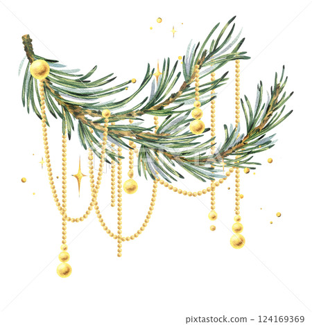 Golden beads hanging on a green pine branch with sparkling stars. New Year, Christmas watercolor illustration hand drawn. Composition, sublimation, arrangement isolated from the background Golden beads hanging on a green pine branch with sparkling stars. New Year, Christmas watercolor illustration hand drawn. Composition, sublimation, arrangement isolated from the background 124169369