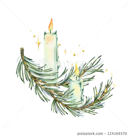 Burning white candles placed on pine branches with twinkling stars and lights. New Year, Christmas watercolor illustration, hand drawn. Composition, arrangement, sublimation isolated from background Burning white candles placed on pine branches with twinkling stars and lights. New Year, Christmas watercolor illustration, hand drawn. Composition, arrangement, sublimation isolated from background 124169370