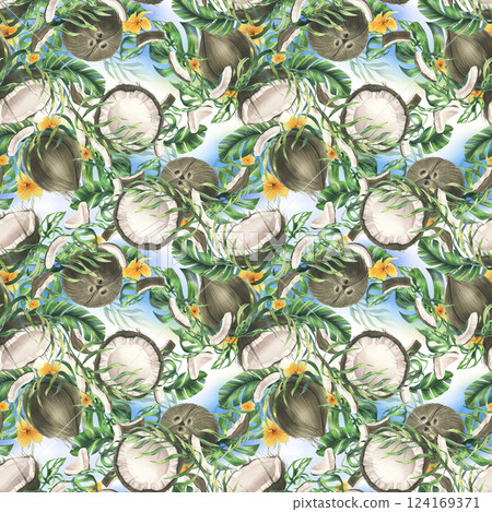 Coconuts whole, halves and pieces with bright, green, tropical palm leaves and yellow plumeria flowers. Hand drawn watercolor illustration. Seamless pattern, background Coconuts whole, halves and pieces with bright, green, tropical palm leaves and yellow plumeria flowers. Hand drawn watercolor illustration. Seamless pattern, background 124169371