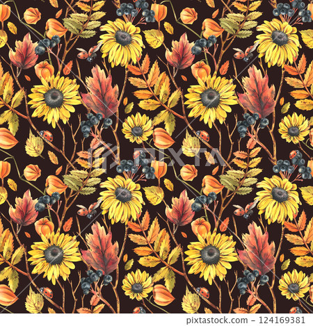 Autumn berries physalis, chokeberry, rowan leaves, maple, birch, rudbeckia flowers tree branches and ladybugs. Watercolor illustrations. Seamless pattern on a dark background 124169381