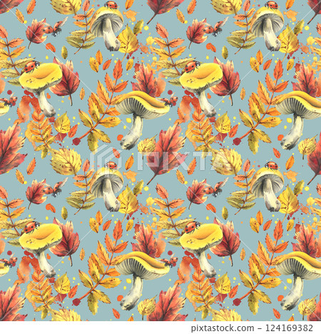 Autumn rowan leaves, maple, birch, russula mushrooms, tree branches and ladybugs. Watercolor illustrations. Seamless pattern on a blue background 124169382