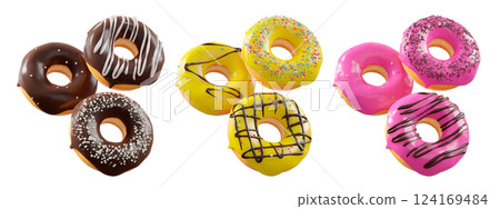 Assorted donuts with colorful icing, sprinkles, and chocolate isolated on white transparent background Assorted donuts with colorful icing, sprinkles, and chocolate isolated on white transparent background 124169484