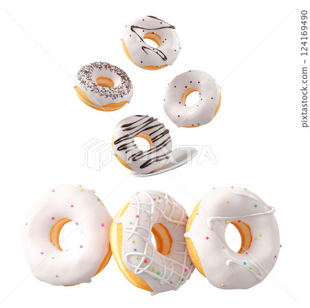 Donuts with white chocolate glaze, sprinkles, white drizzle, and dots isolated on white transparent background Donuts with white chocolate glaze, sprinkles, white drizzle, and dots isolated on white transparent background 124169490