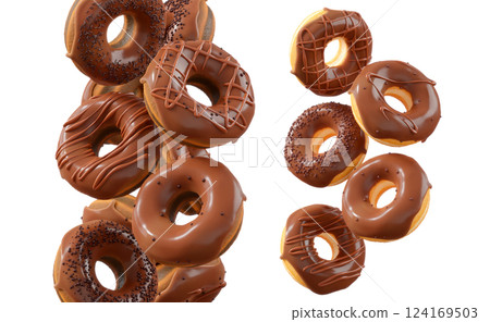 Donuts with chocolate glaze, sprinkles, white drizzle, and dots isolated on white transparent background Donuts with chocolate glaze, sprinkles, white drizzle, and dots isolated on white transparent background 124169503