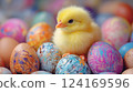 cute little chicken next to painted eggs, easter, bird, farm, holiday, domestic animal, ornithology, avian, chick 124169596