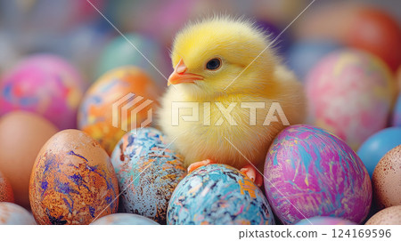cute little chicken next to painted eggs, easter, bird, farm, holiday, domestic animal, ornithology, avian, chick 124169596