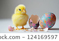 cute little chicken next to painted eggs, easter, bird, farm, holiday, domestic animal, ornithology, avian, chick 124169597