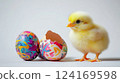 cute little chicken next to painted eggs, easter, bird, farm, holiday, domestic animal, ornithology, avian, chick 124169598
