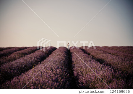 woman stands in a field of lavender. The sky is clear and the sun is shining brightly. The field is full of purple flowers, creating a peaceful and serene atmosphere. 124169636