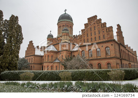 Chernivtsi National University Three Hierarchs Church in winter, Ukraine. 124169734