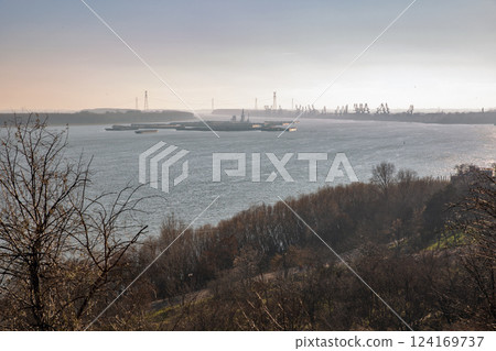 Danube river and Romportmet industrial zone. Galati, Romania 124169737