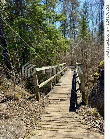 classic bridge over a ravine in the forest 124170252