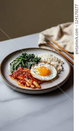 rustic ceramic plate with vibrant kimchi, perfectly poached egg, fluffy basmati rice, and sauteed spinach with sesame seeds, moody natural lighting, soft foreground elements for depth 124170277