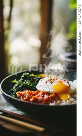 rustic ceramic plate with vibrant kimchi, perfectly poached egg, fluffy basmati rice, and sauteed spinach with sesame seeds, moody natural lighting, soft foreground elements for depth 124170278
