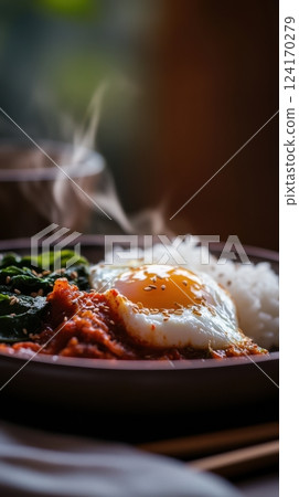 rustic ceramic plate with vibrant kimchi, perfectly poached egg, fluffy basmati rice, and sauteed spinach with sesame seeds, moody natural lighting, soft foreground elements for depth 124170279