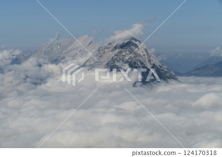 Panoramic view Hohe Munde from Nordlinger hut on Karwendel Hohenweg, Austria Panoramic view Hohe Munde from Nordlinger hut on Karwendel Hohenweg, Austria 124170318
