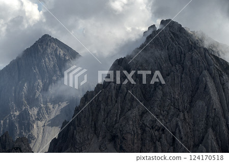 Panoramic view Nordlinger hut on Karwendel Hohenweg, Austria Panoramic view Nordlinger hut on Karwendel Hohenweg, Austria 124170518