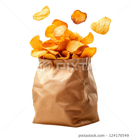 Crispy potato chips in a brown paper bag, isolated on a transparent background. Golden, crunchy snack with flying chips in mid-air 124170549
