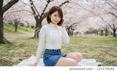A woman in a denim skirt relaxing under a cherry blossom tree 124170648