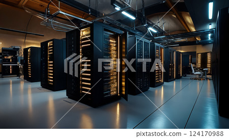 Modern data center with rows of glowing server racks and advanced network infrastructure Modern data center with rows of glowing server racks and advanced network infrastructure 124170988