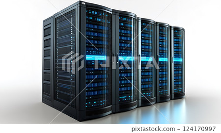 Modern data center server racks with blue led lights in a high-tech facility environment 124170997