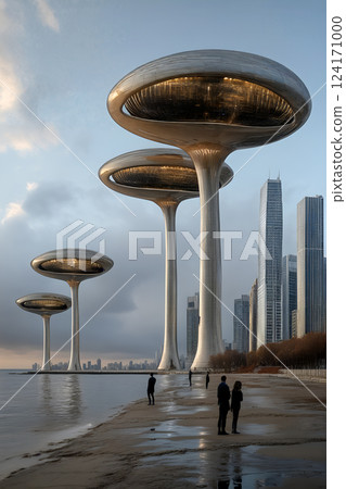 Futuristic pod-like structures by modern city skyline alongside waterfront at dusk 124171000