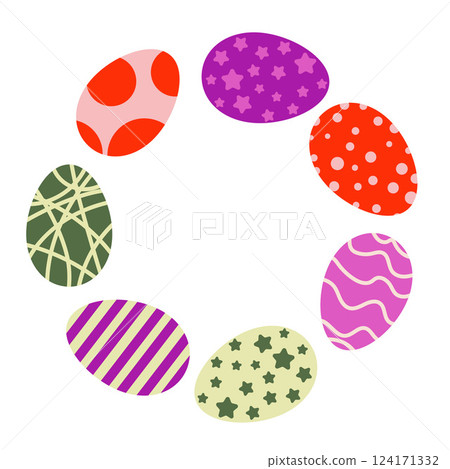 Colorful Patterned Easter Eggs Arranged in a Circular Formation Frame on White Background Colorful Patterned Easter Eggs Arranged in a Circular Formation Frame on White Background 124171332