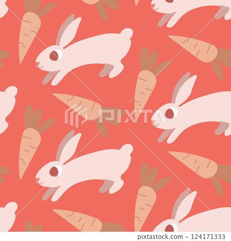 Playful Cartoon Rabbits and Carrots Seamless Pattern on Coral Background Playful Cartoon Rabbits and Carrots Seamless Pattern on Coral Background 124171333