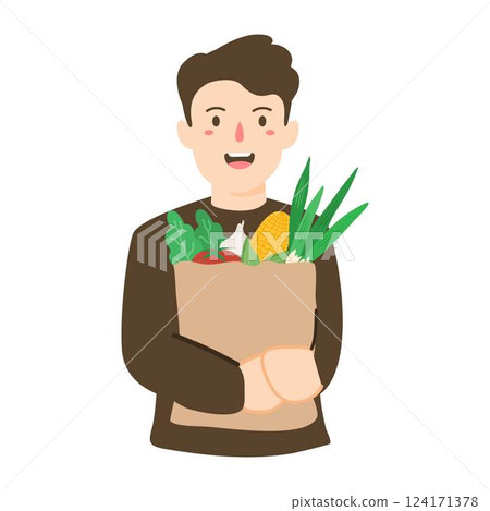 man holding shopping bag full of groceries man holding shopping bag full of groceries 124171378