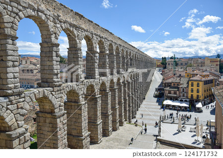 Right upper side view of Segovia Aqueduct with square, Roman construction 124171732