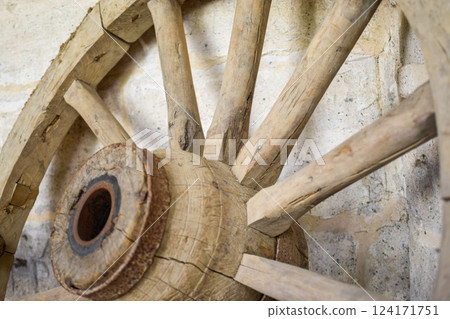 Antique wooden carriage wheel exposed on the street Antique wooden carriage wheel exposed on the street 124171751