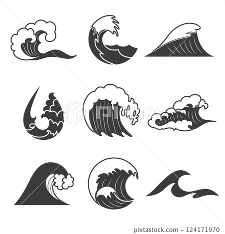 Black and white wave logos featuring different abstract ocean waves Black and white wave logos featuring different abstract ocean waves 124171970