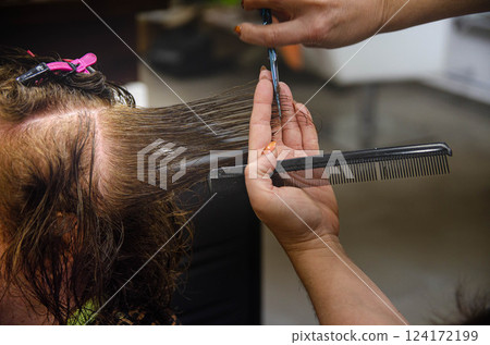 Hairdresser Cutting Wet Hair Salon Scene copy space , banner Hairdresser Cutting Wet Hair Salon Scene copy space , banner 124172199