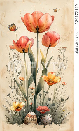 Easter Watercolor Tulips with Easter Eggs and Butterflies Spring Art Print 124172340