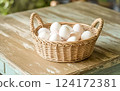 Farm Fresh Eggs in a Rustic Basket Homestead Style Farm Fresh Eggs in a Rustic Basket Homestead Style 124172381