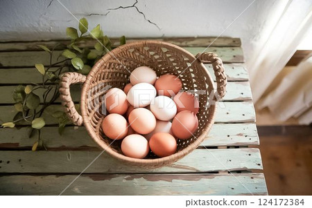 Natural Farmhouse Eggs in a Woven Basket Country Charm Natural Farmhouse Eggs in a Woven Basket Country Charm 124172384