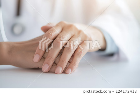 醫生的手握住病人的手，令人感到安慰和安慰的場景 124172418