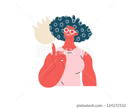 Thinking people, modern flat vector concept illustration- woman standing thoughtfully, looking upwards, bubble near head Metaphor for reflection, analysis, introspection, contemplation, deep thought 124172532