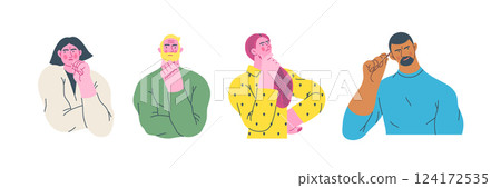 Thinking people, modern flat vector concept illustrations set- people standing thoughtfully. Metaphor for reflection, analysis, introspection, contemplation, deep thought 124172535