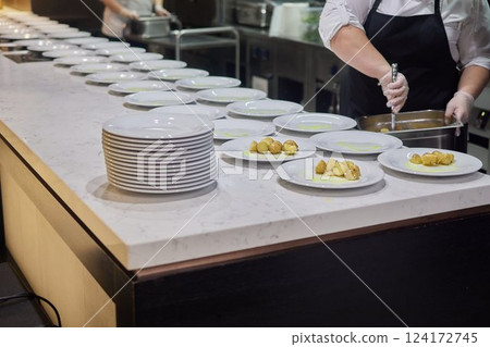 Restaurant Kitchen, behind the scenes, dinner's ready to eat, good cuisine 124172745