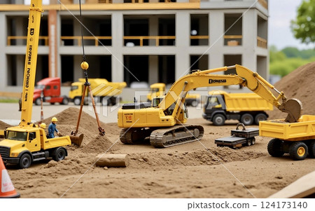 Miniature construction site | Working vehicles and workers 124173140