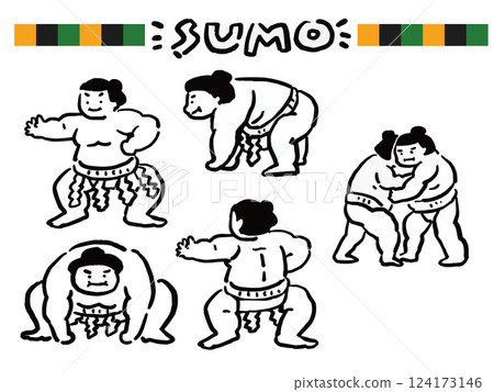 A set of loose line-drawing style illustrations of sumo wrestlers 124173146