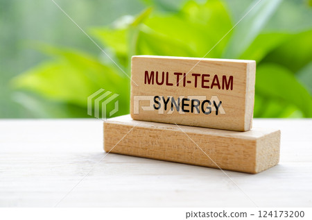 Multi Team Synergy text on wooden block with blurred nature background. Teamwork and collaboration concept Multi Team Synergy text on wooden block with blurred nature background. Teamwork and collaboration concept 124173200