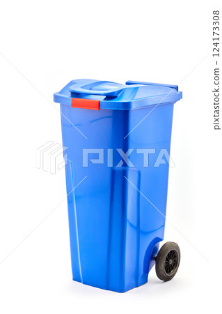 Bright Blue Waste Bin With Wheels and Red Handle for Easy Mobility and Efficient Waste Disposal in Modern Home Environments 124173308