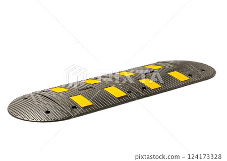 Durable Road Safety Speed Bump with Yellow Reflective Stripes for Enhanced Visibility and Motorist Caution on Roadways, Ensuring Effective Traffic Control in Busy Areas 124173328