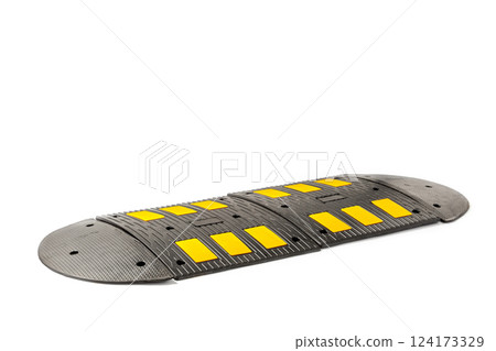 Durable Road Safety Speed Bump Designed for Traffic Calming with High Visibility Yellow Markings for Enhanced Road User Awareness and Safety 124173329