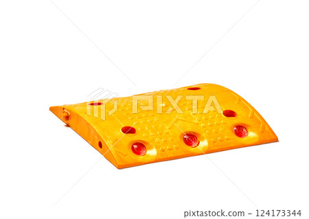 Bright Orange Rubber Speed Bump with Reflective Strips for Enhanced Safety and Visibility on Roadways and Parking Lots, Designed to Manage Vehicle Speed Effectively Bright Orange Rubber Speed Bump with Reflective Strips for Enhanced Safety and Visibility on Roadways and Parking Lots, Designed to Manage Vehicle Speed Effectively 124173344